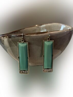 Light Green Rectangular Gold Drop Earrings with Crystal Accents